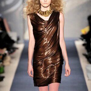 Ports 1961 AW/10 Runway Brown Shiny Off-The-Shoulder Mini Dress